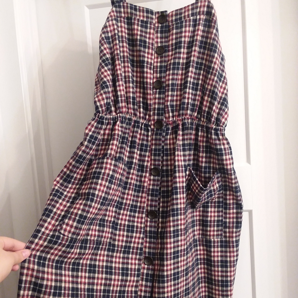 Large Plaid Dress with Functional Pockets and Buttons